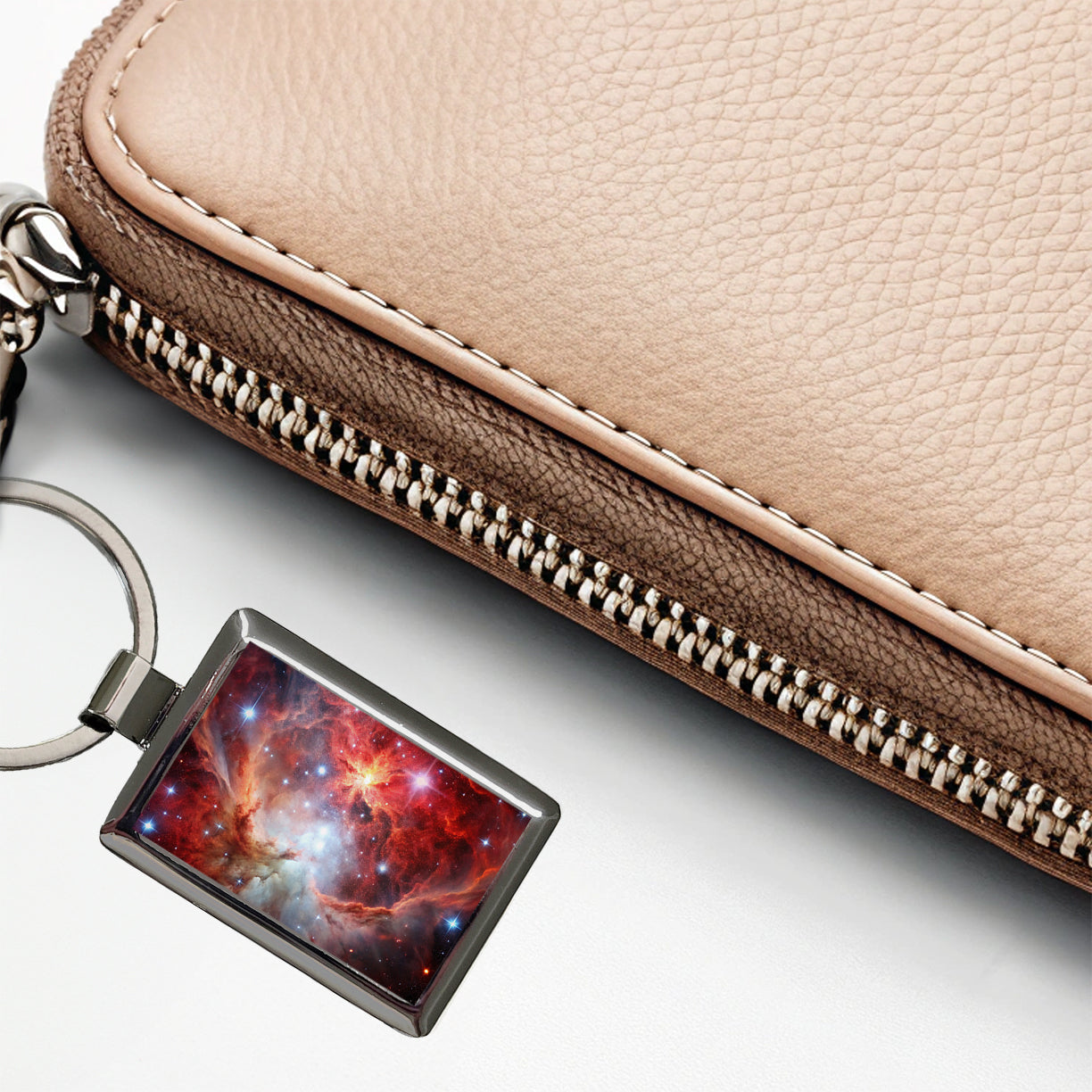 Space Galaxy Nebula Red White Rectangle Metal Keychain
