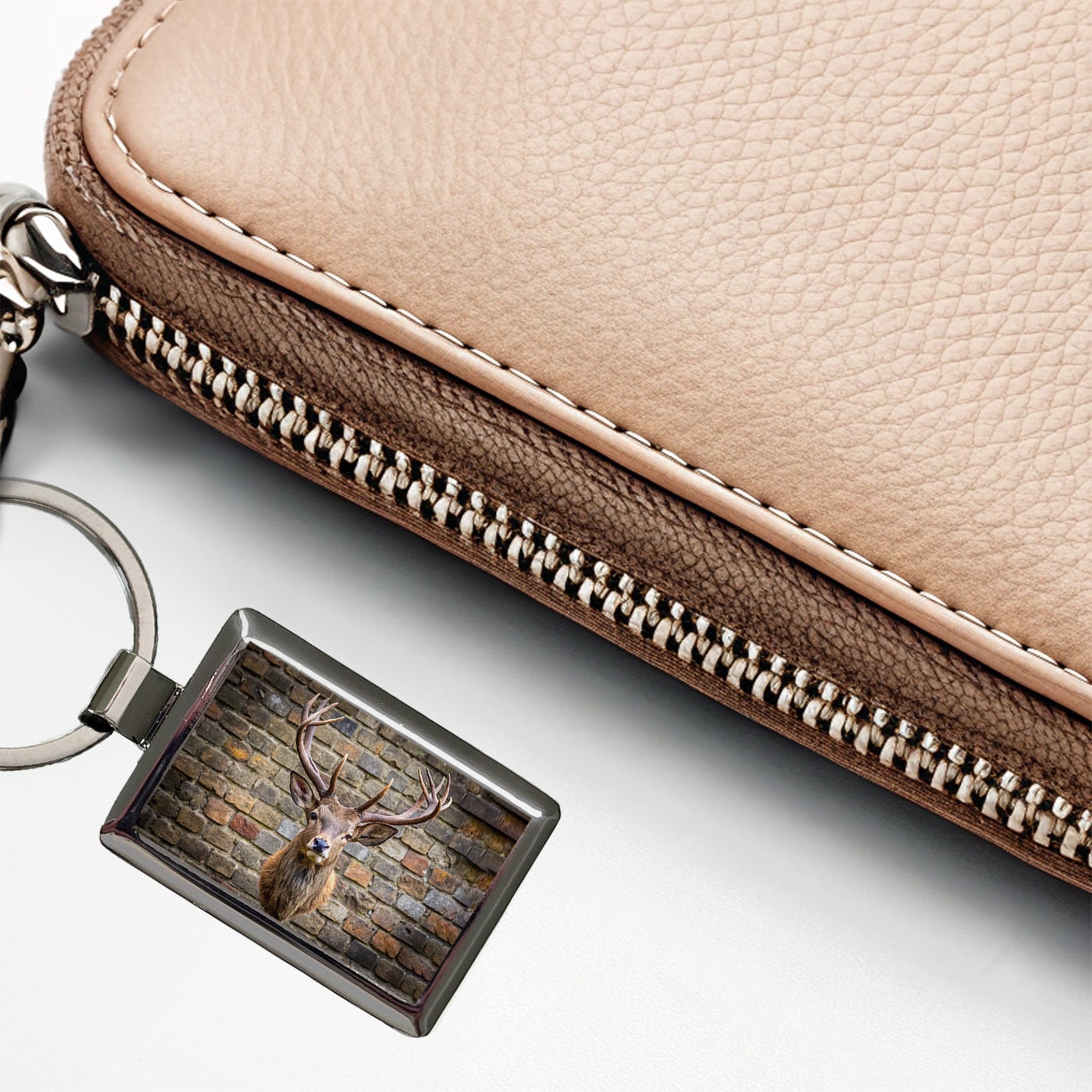 Stag's Head Mounted To Wall Rectangle Metal Keychain