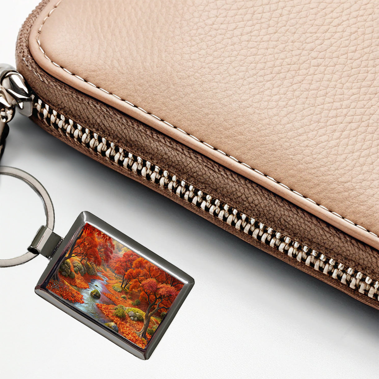 Stream and Trees in Fall Autumn Rectangle Metal Keychain