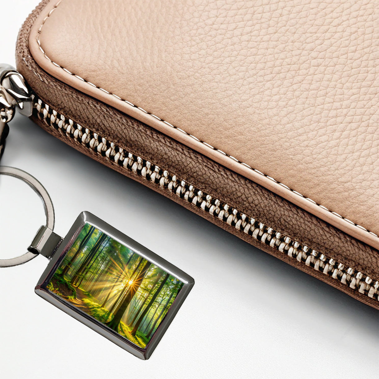 Sunlight Streaming Through Forest Trees Rectangle Metal Keychain
