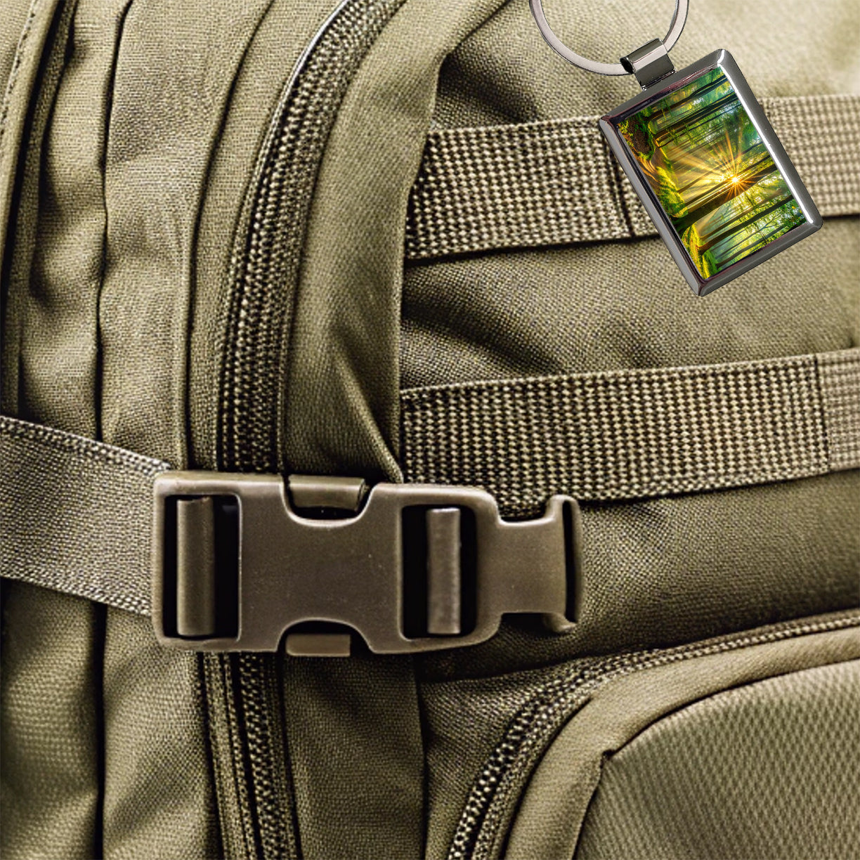 Sunlight Streaming Through Forest Trees Rectangle Metal Keychain