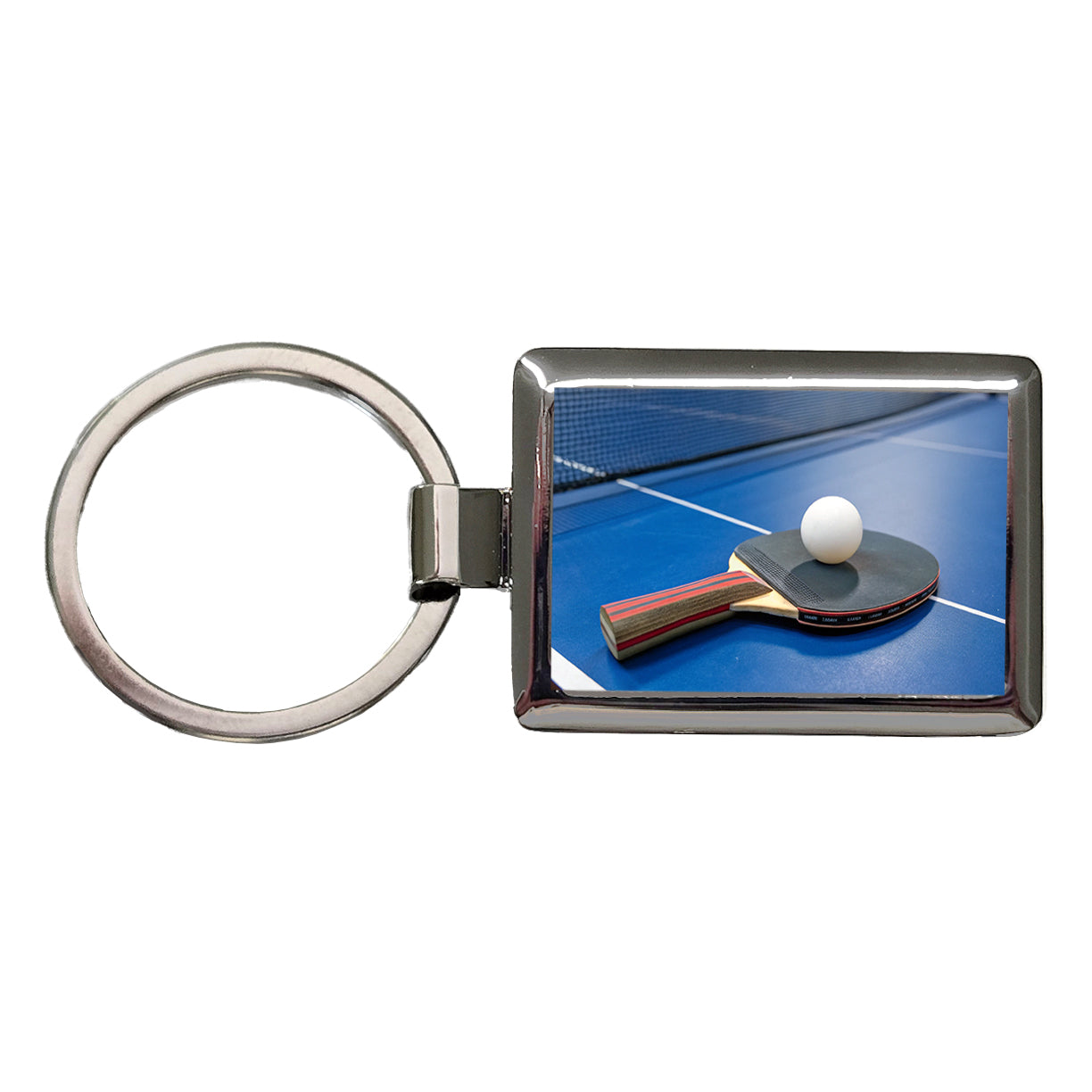 Table Tennis Ping Pong Paddle and Ball on Table Rectangle Metal Keychain