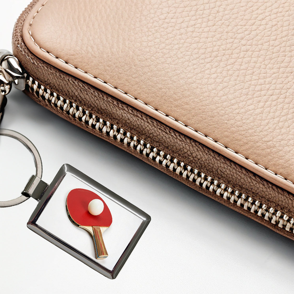 Table Tennis Ping Pong Paddle and Ball Rectangle Metal Keychain