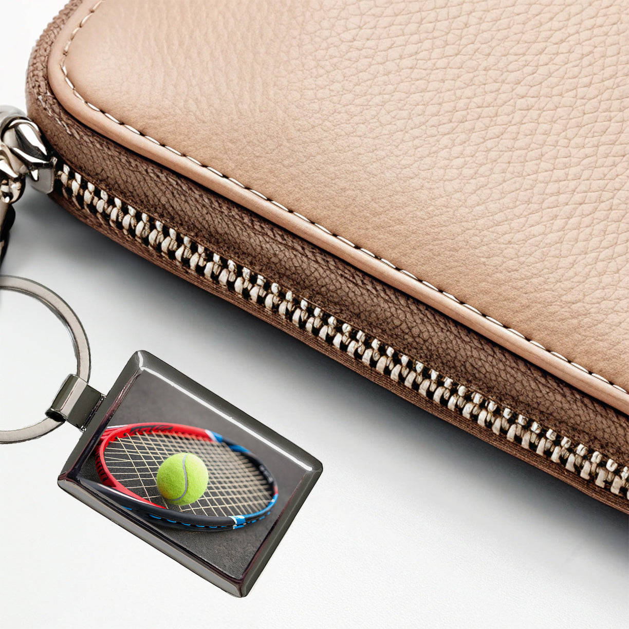 Tennis Racket and Ball Close-up Rectangle Metal Keychain