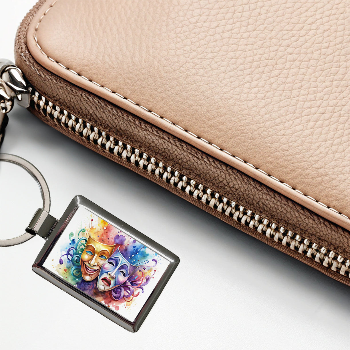 Theater Drama Masks Watercolor Rectangle Metal Keychain
