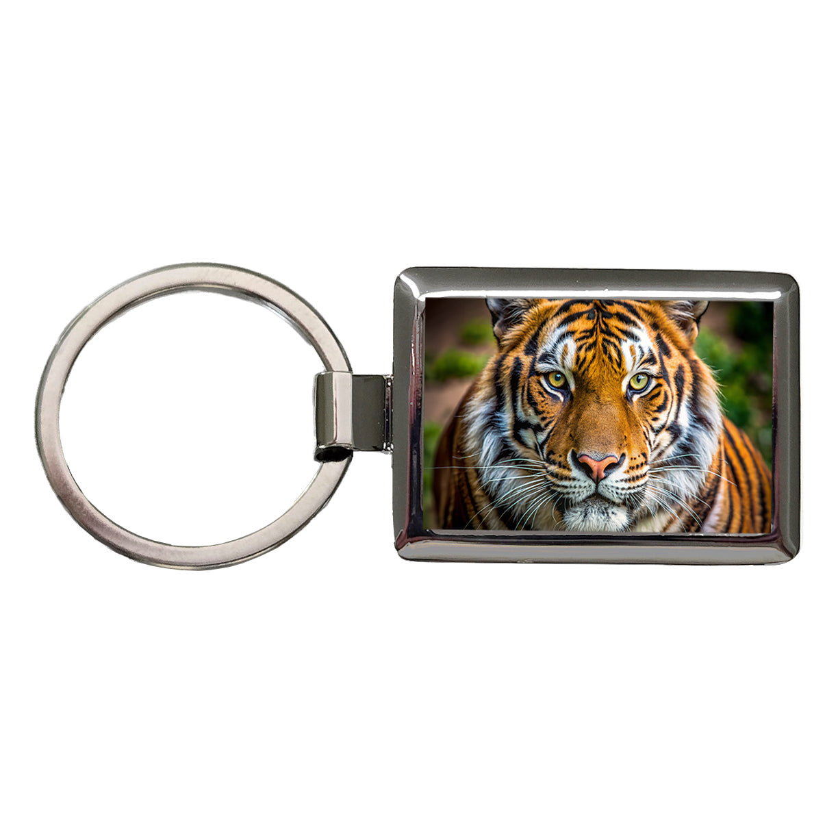 Tiger Face Rectangle Metal Keychain