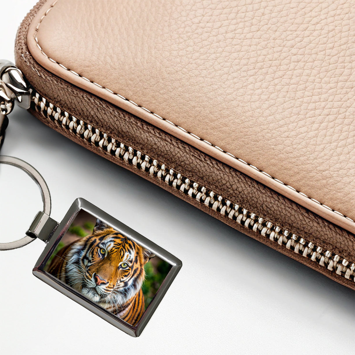 Tiger Face Rectangle Metal Keychain