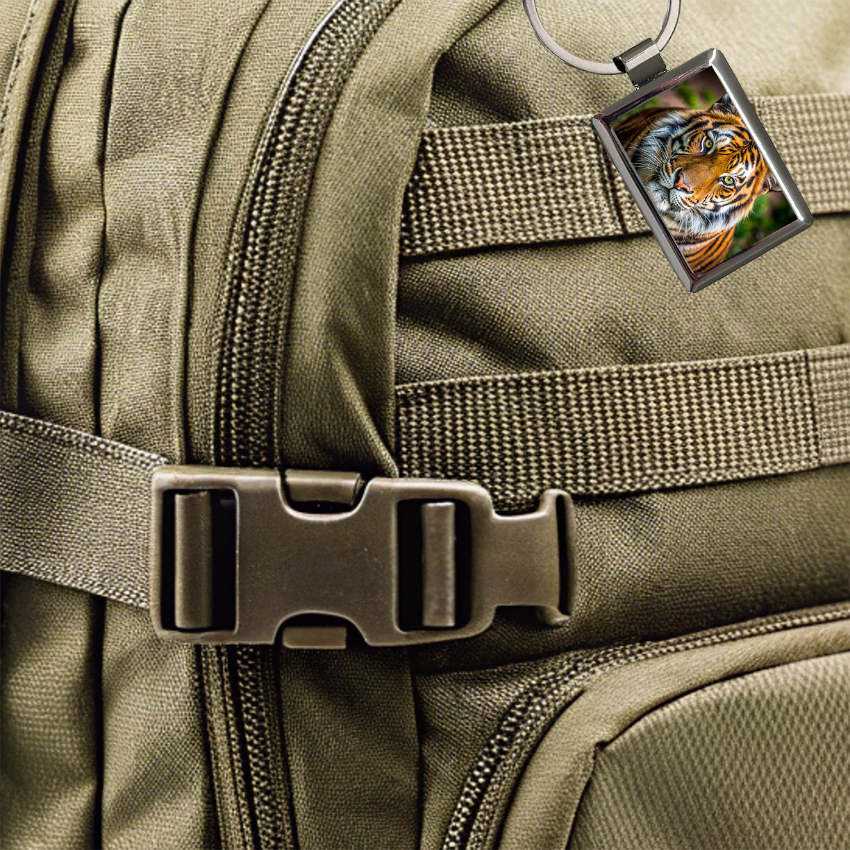 Tiger Face Rectangle Metal Keychain