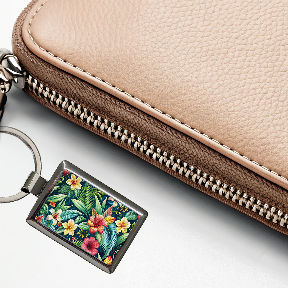 Tropical Hibiscus Pastel Floral Pattern Rectangle Metal Keychain