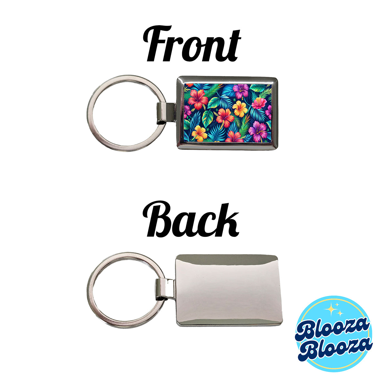 Tropical Neon Hibiscus Floral Pattern Rectangle Metal Keychain