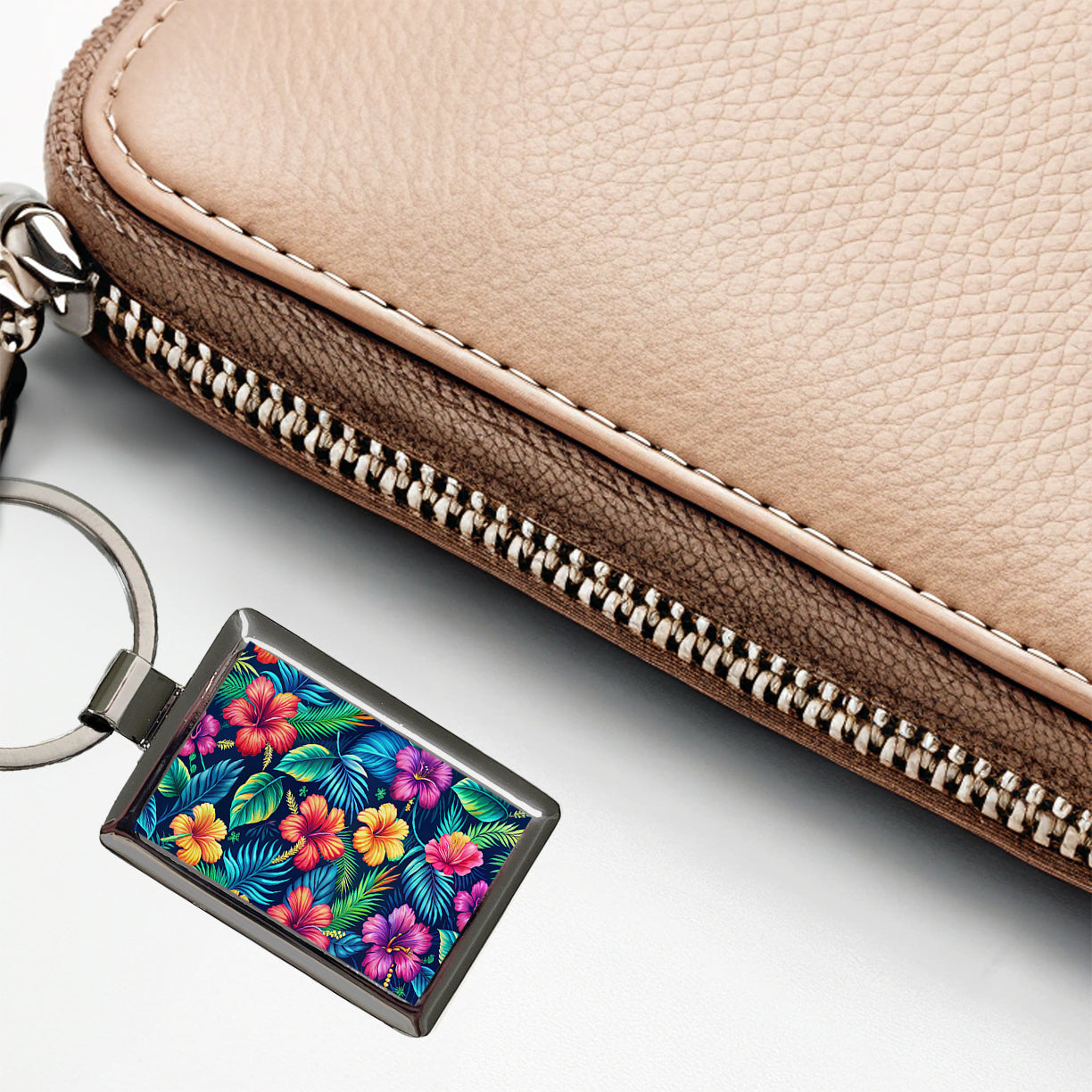 Tropical Neon Hibiscus Floral Pattern Rectangle Metal Keychain