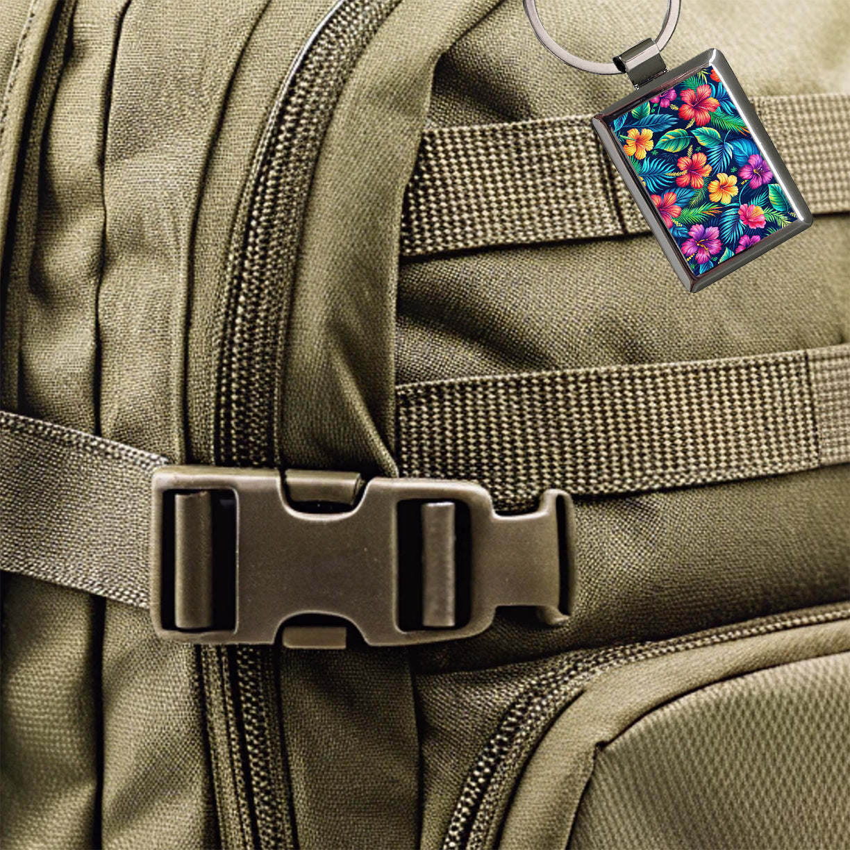 Tropical Neon Hibiscus Floral Pattern Rectangle Metal Keychain