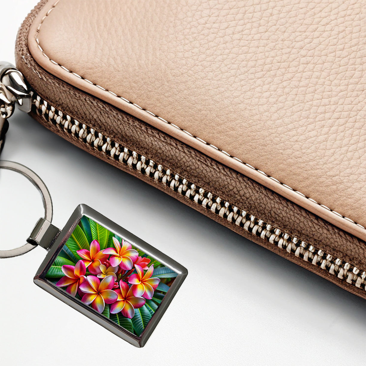 Tropical Pink Yellow Plumeria Flowers Rectangle Metal Keychain