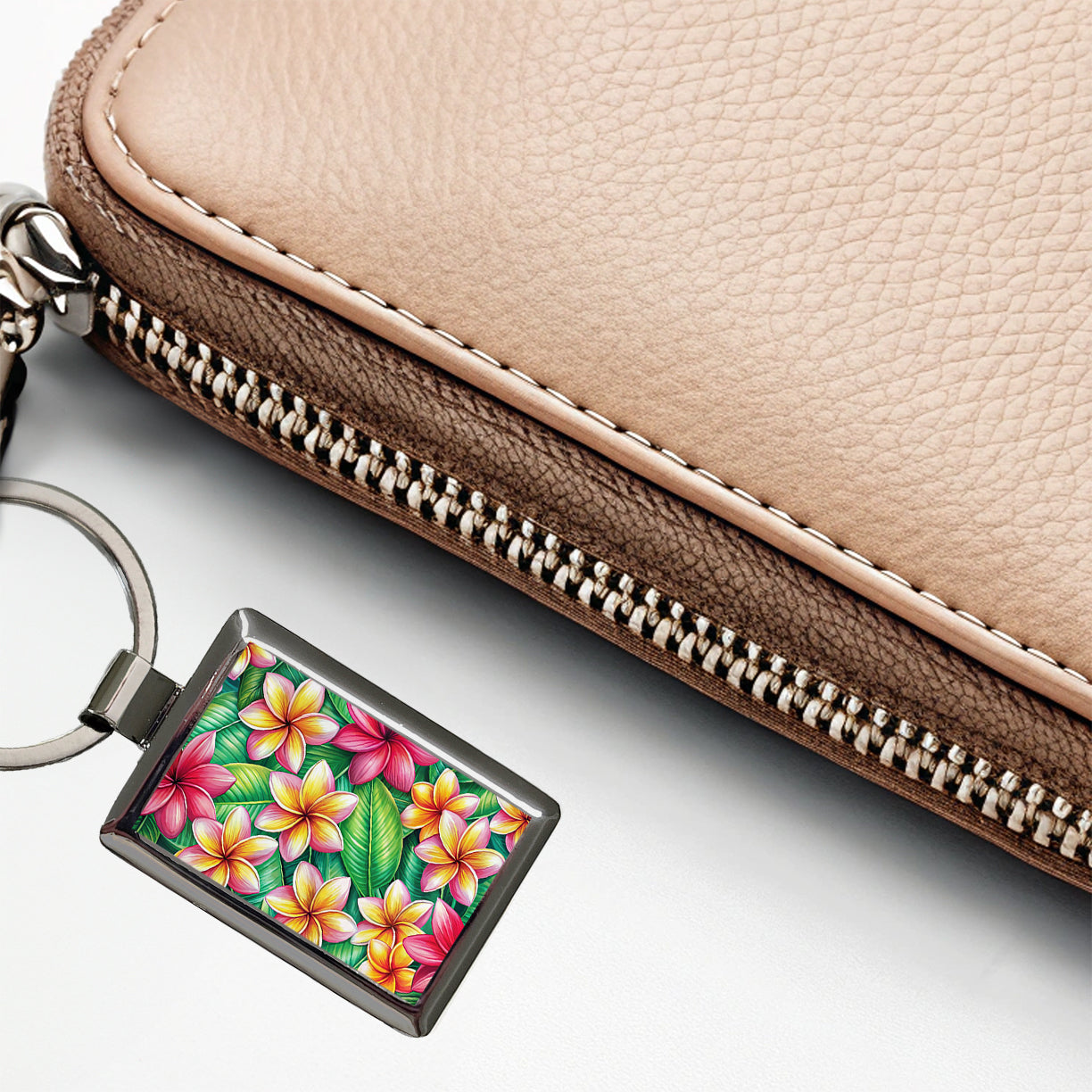 Tropical Plumeria Floral Pattern Rectangle Metal Keychain