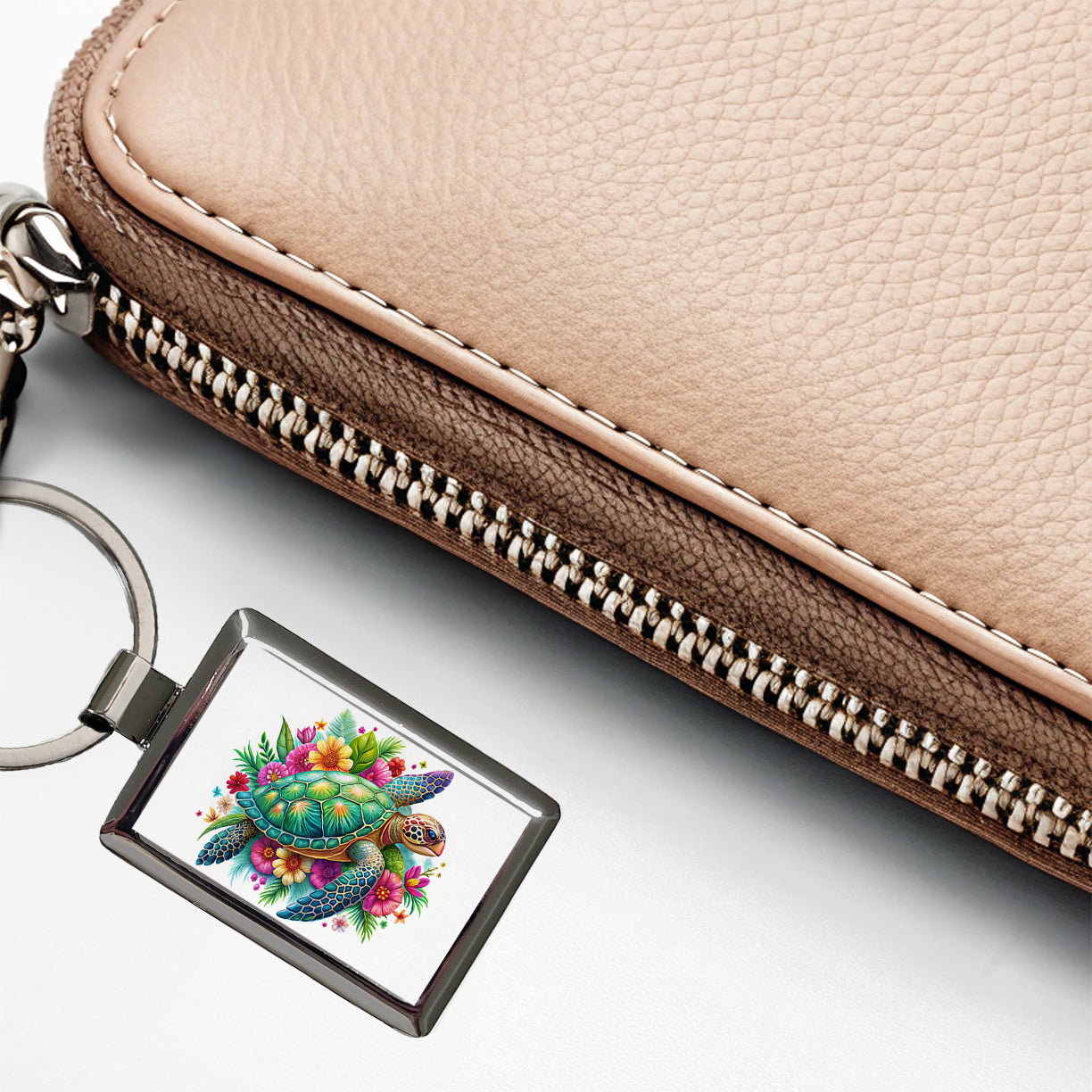 Tropical Sea Turtle Floral Design Rectangle Metal Keychain