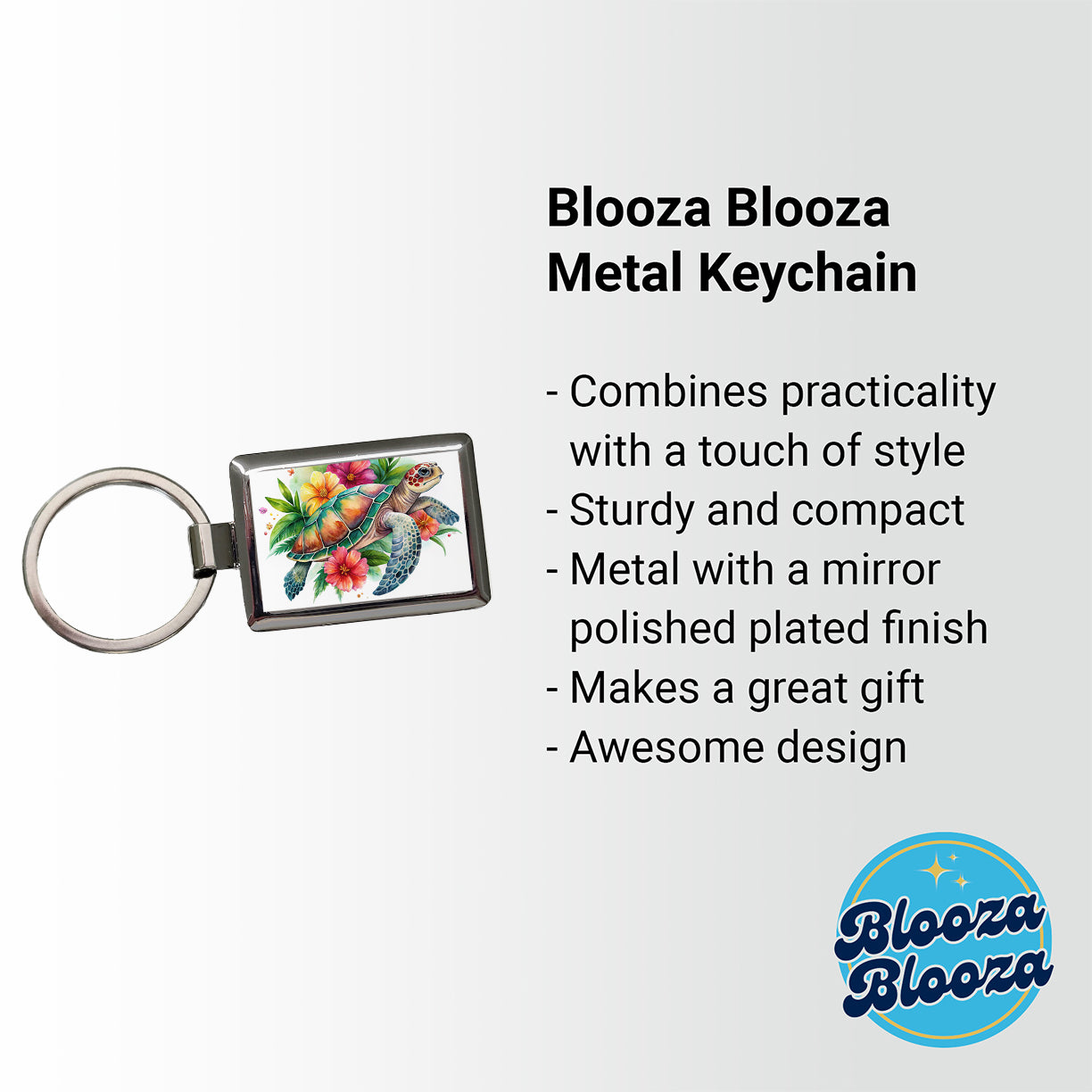 Tropical Sea Turtle Hibiscus Floral Watercolor Rectangle Metal Keychain