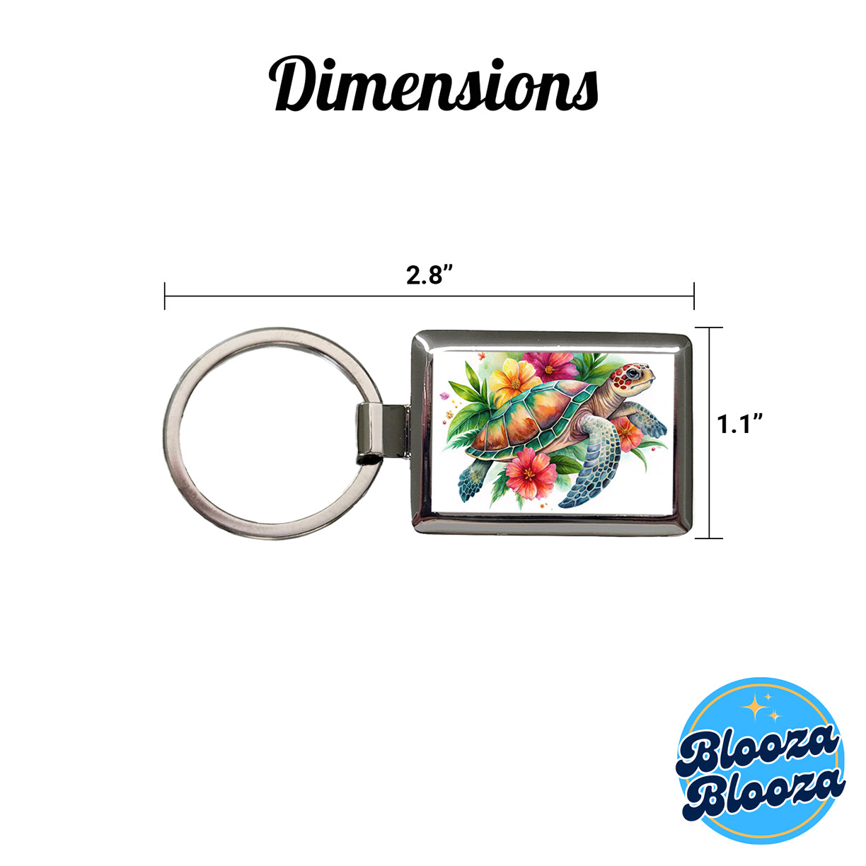 Tropical Sea Turtle Hibiscus Floral Watercolor Rectangle Metal Keychain