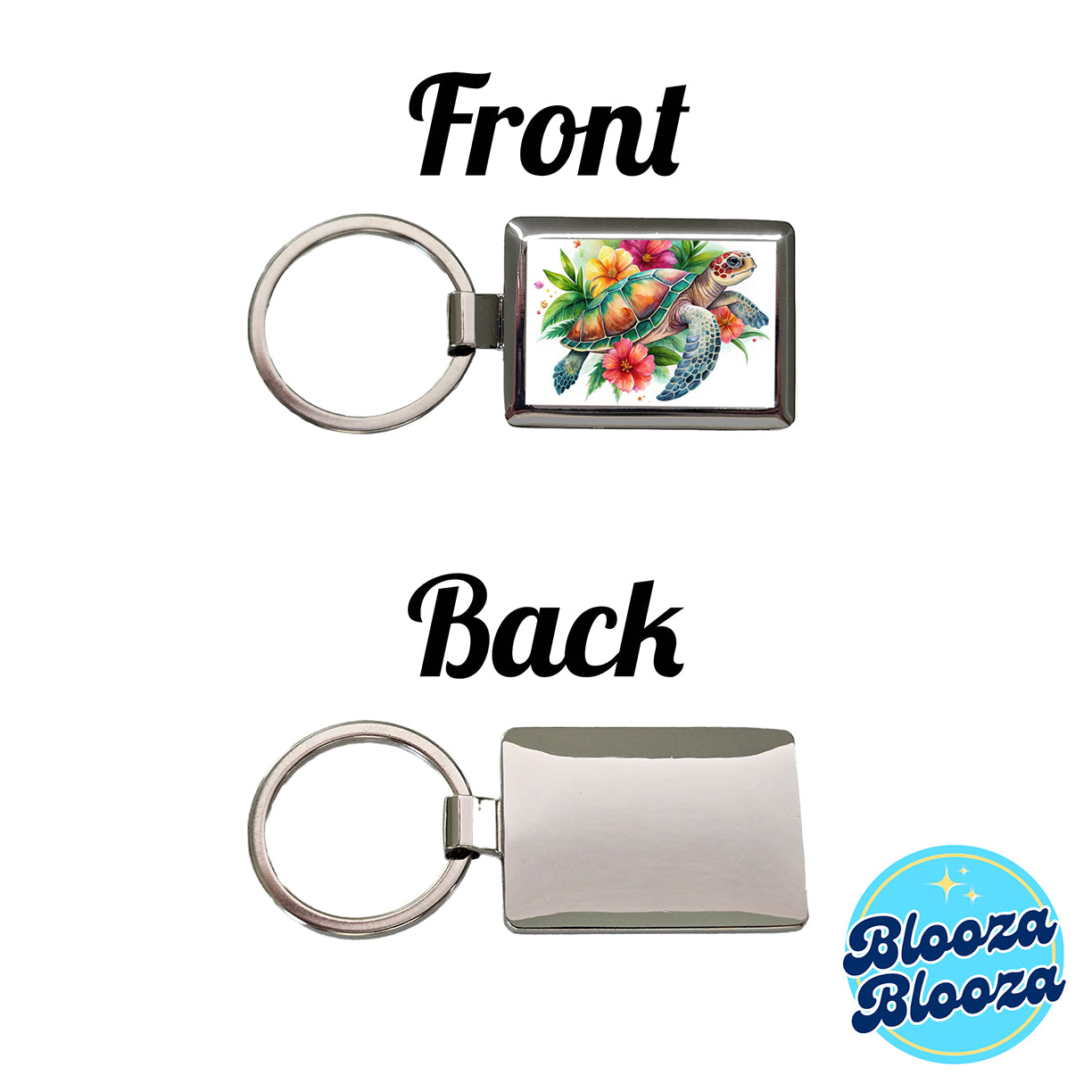 Tropical Sea Turtle Hibiscus Floral Watercolor Rectangle Metal Keychain
