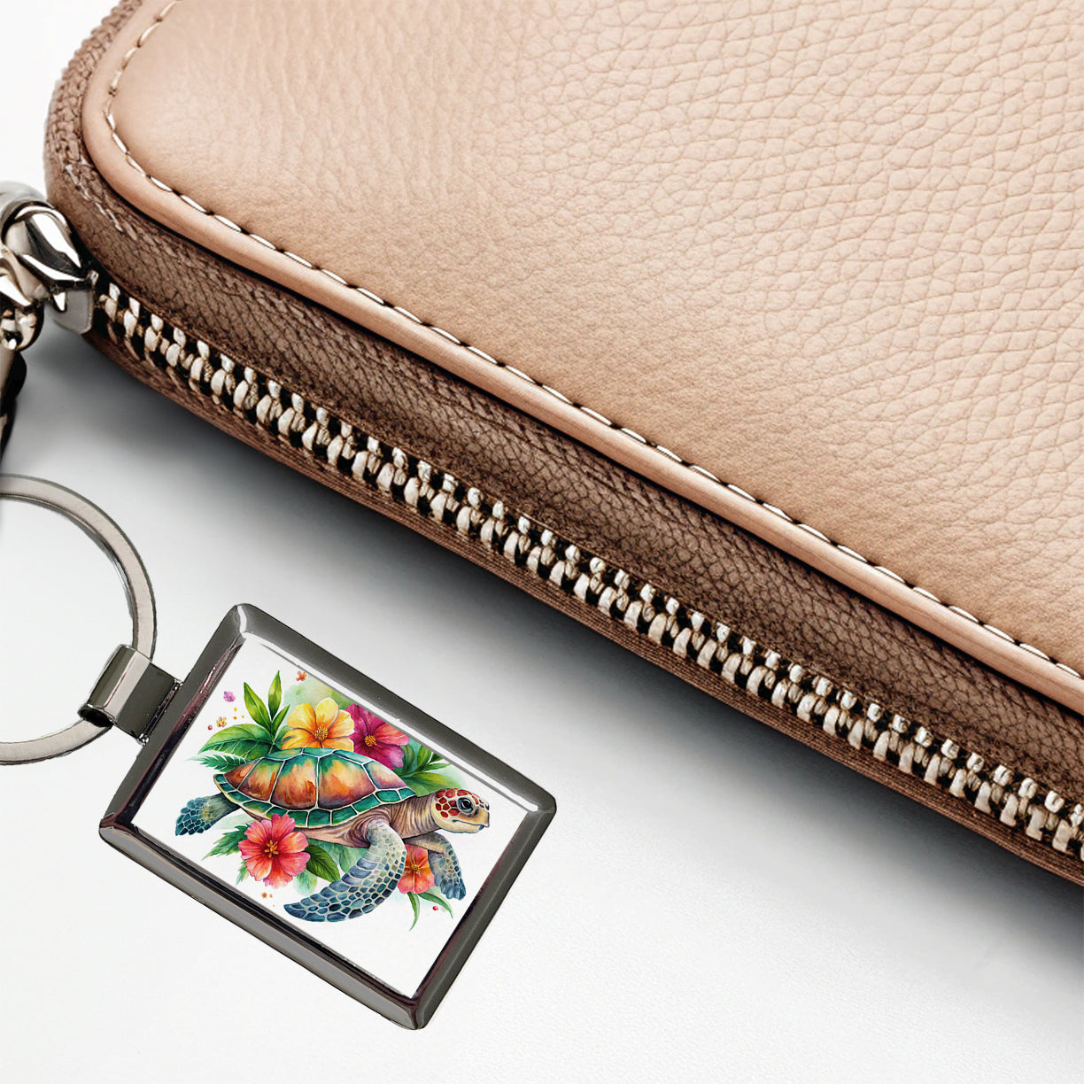 Tropical Sea Turtle Hibiscus Floral Watercolor Rectangle Metal Keychain
