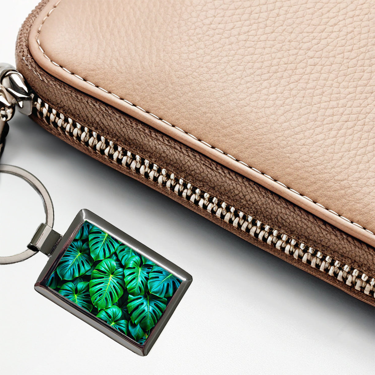 Vibrant Neon Green Monstera Leaves Rectangle Metal Keychain