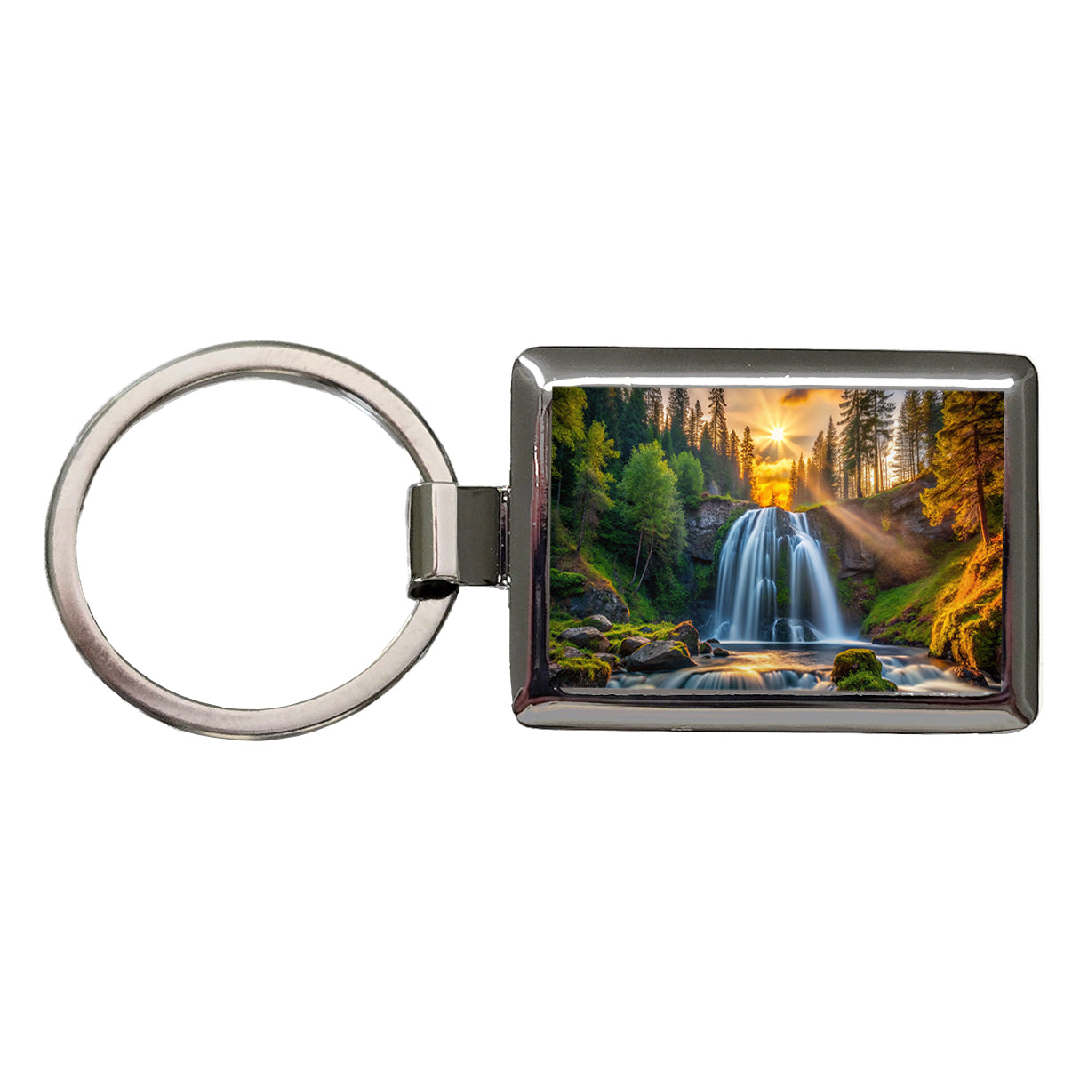 Waterfall In The Forest At Sunset Rectangle Metal Keychain