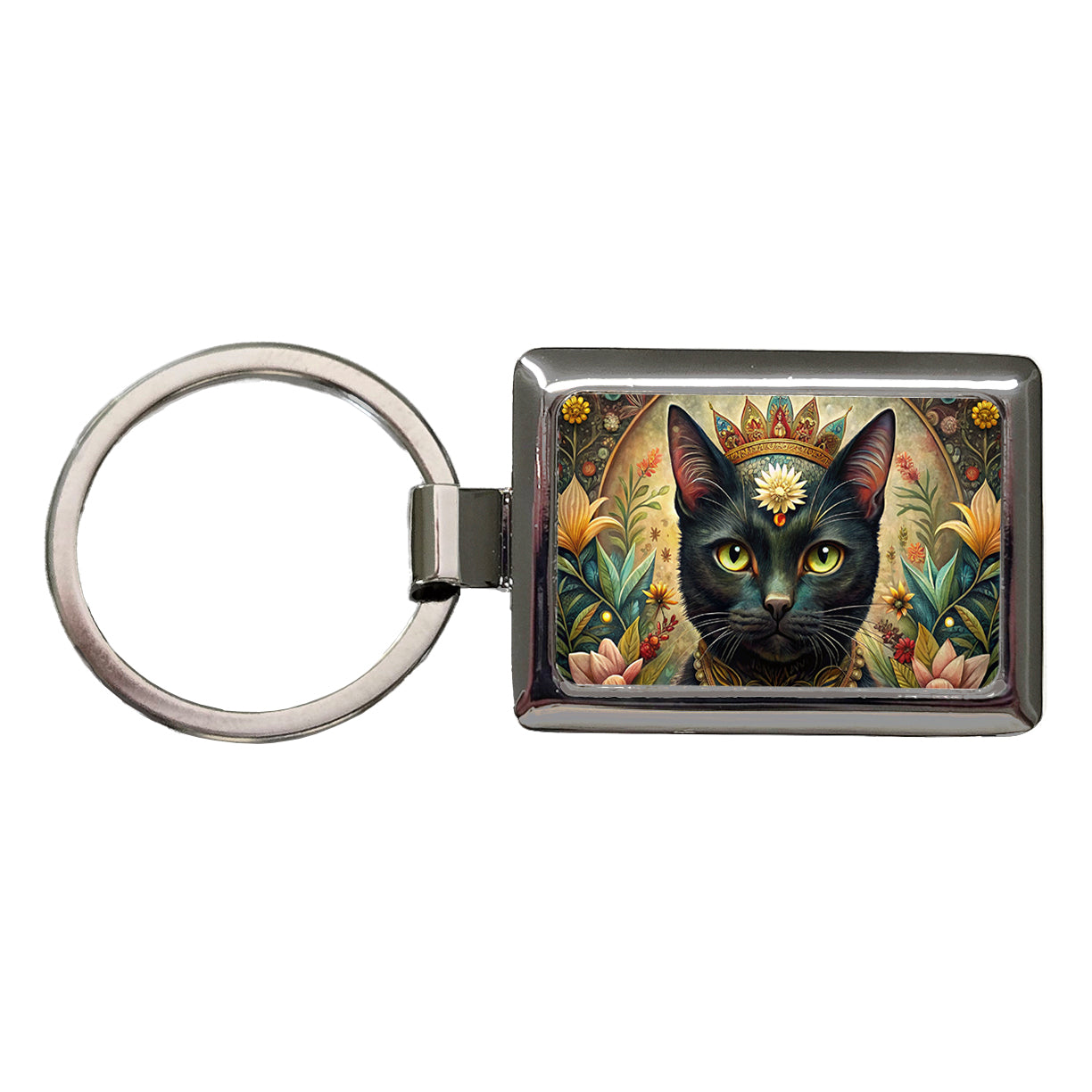 Black Cat French Bohemian Art Rectangle Metal Keychain