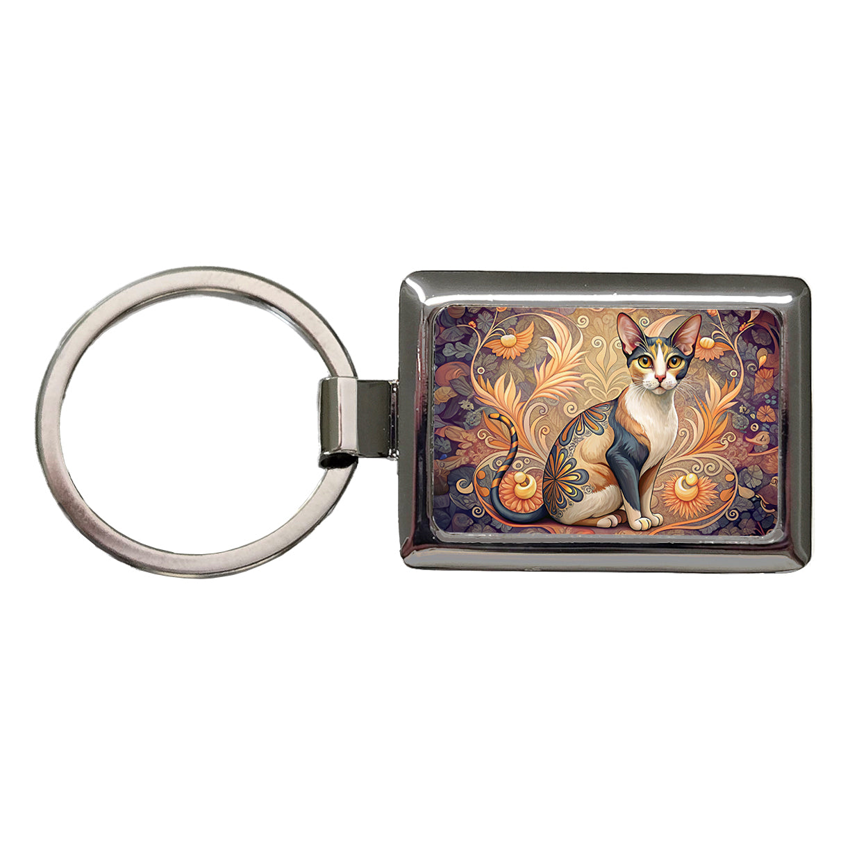 Calico Cat Art Nouveau Rectangle Metal Keychain