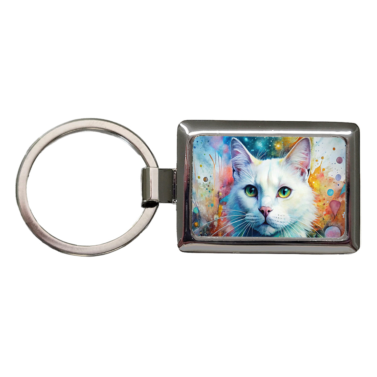 White Cat Abstract Art Rectangle Metal Keychain