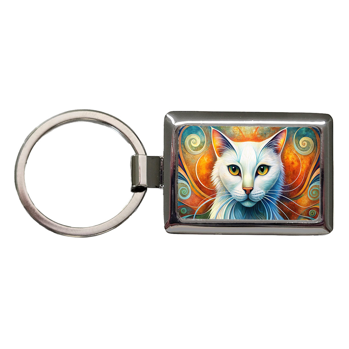 White Cat Abstract Stylized Art Rectangle Metal Keychain