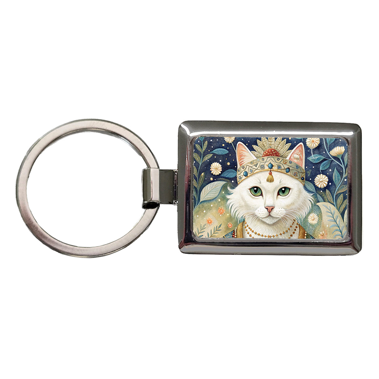 White Cat French Bohemian Art Rectangle Metal Keychain