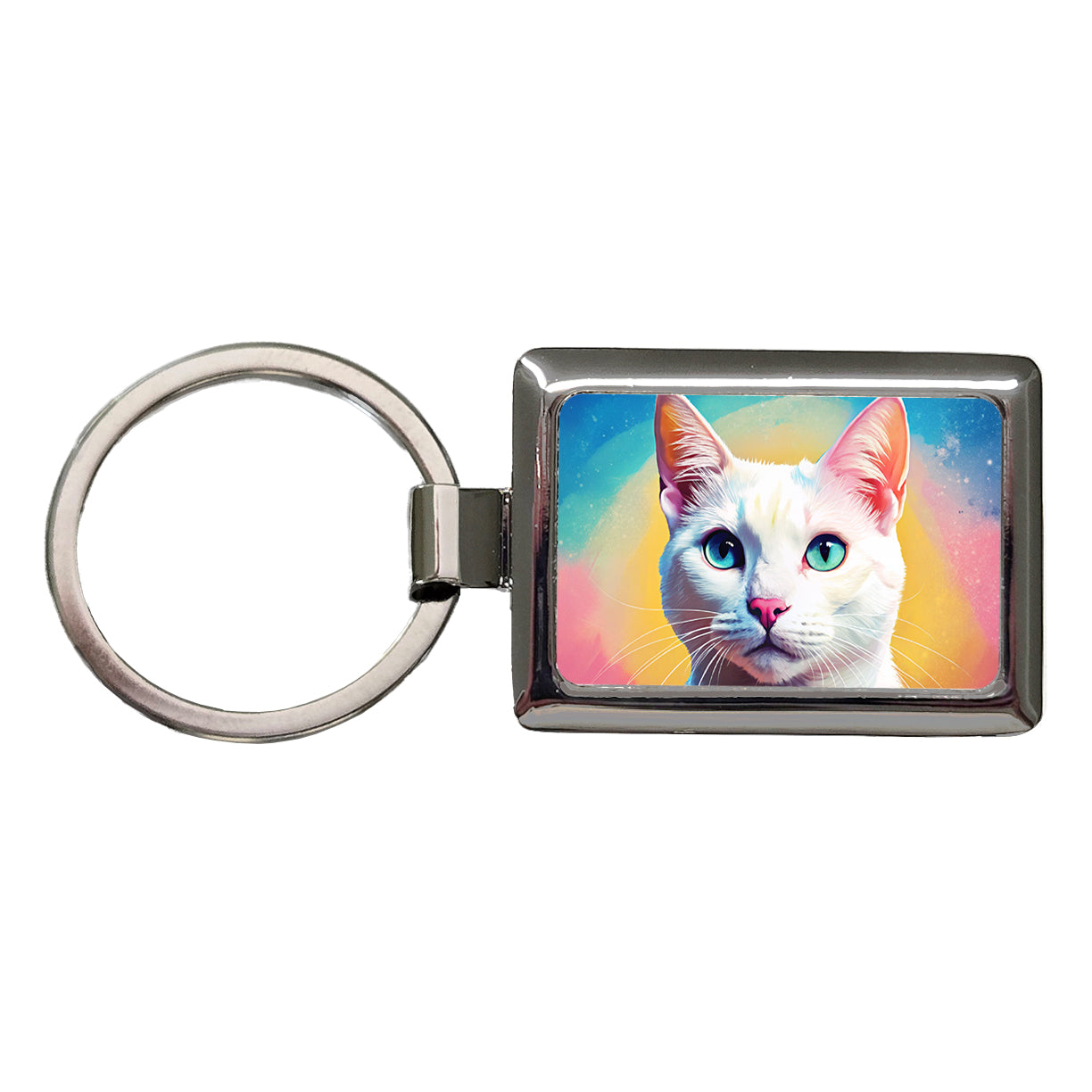 White Cat Pop Art Rectangle Metal Keychain