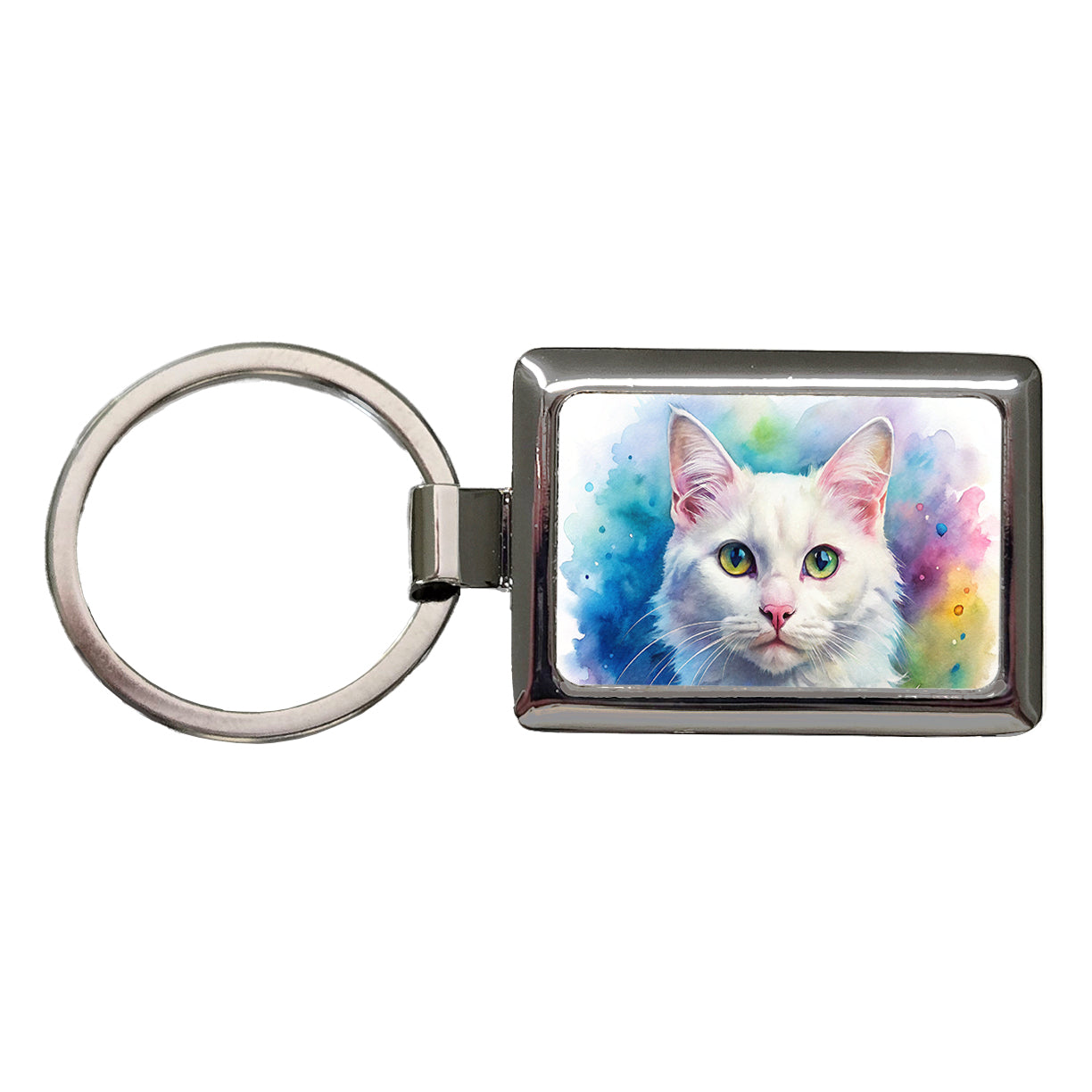 White Cat Watercolor Style Rectangle Metal Keychain