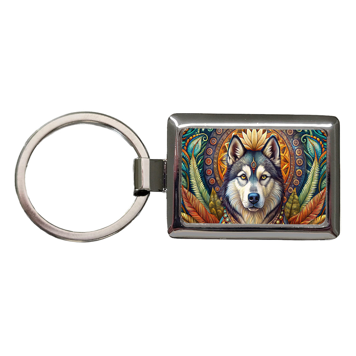 Alaskan Malamute Dog Bohemian Art Rectangle Metal Keychain