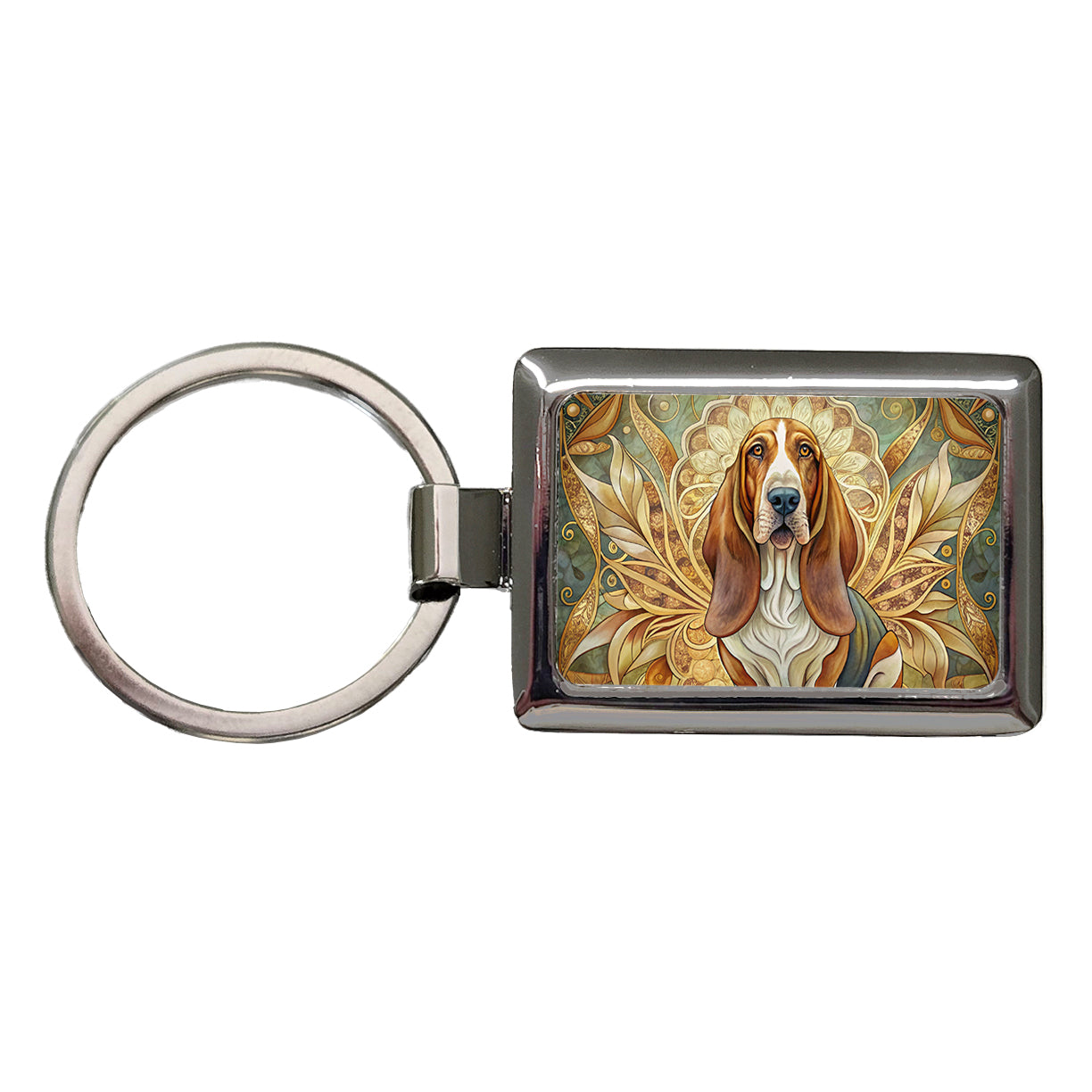 Basset Hound Dog Art Nouveau Rectangle Metal Keychain