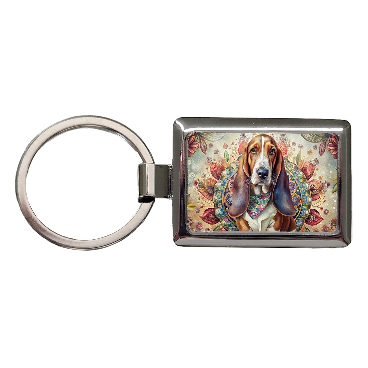 Basset Hound Dog French Bohemian Art Rectangle Metal Keychain