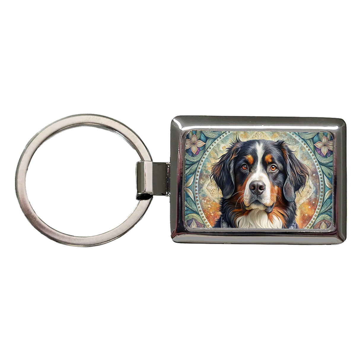 Bernese Mountain Dog French Bohemian Art Rectangle Metal Keychain