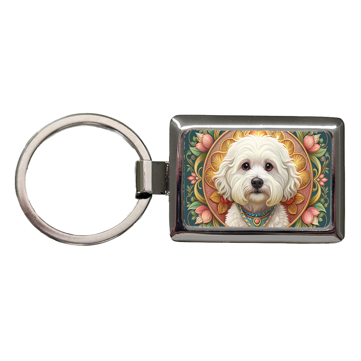 Bichon Frise Dog Art Nouveau Rectangle Metal Keychain