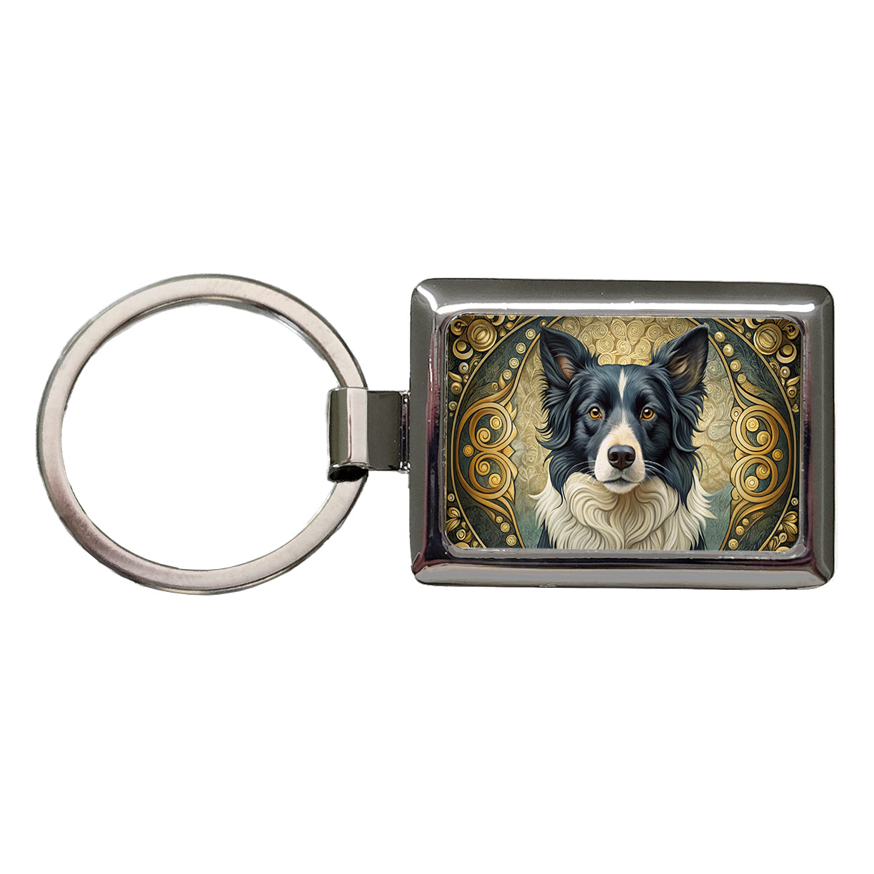 Border Collie Dog Art Nouveau Rectangle Metal Keychain