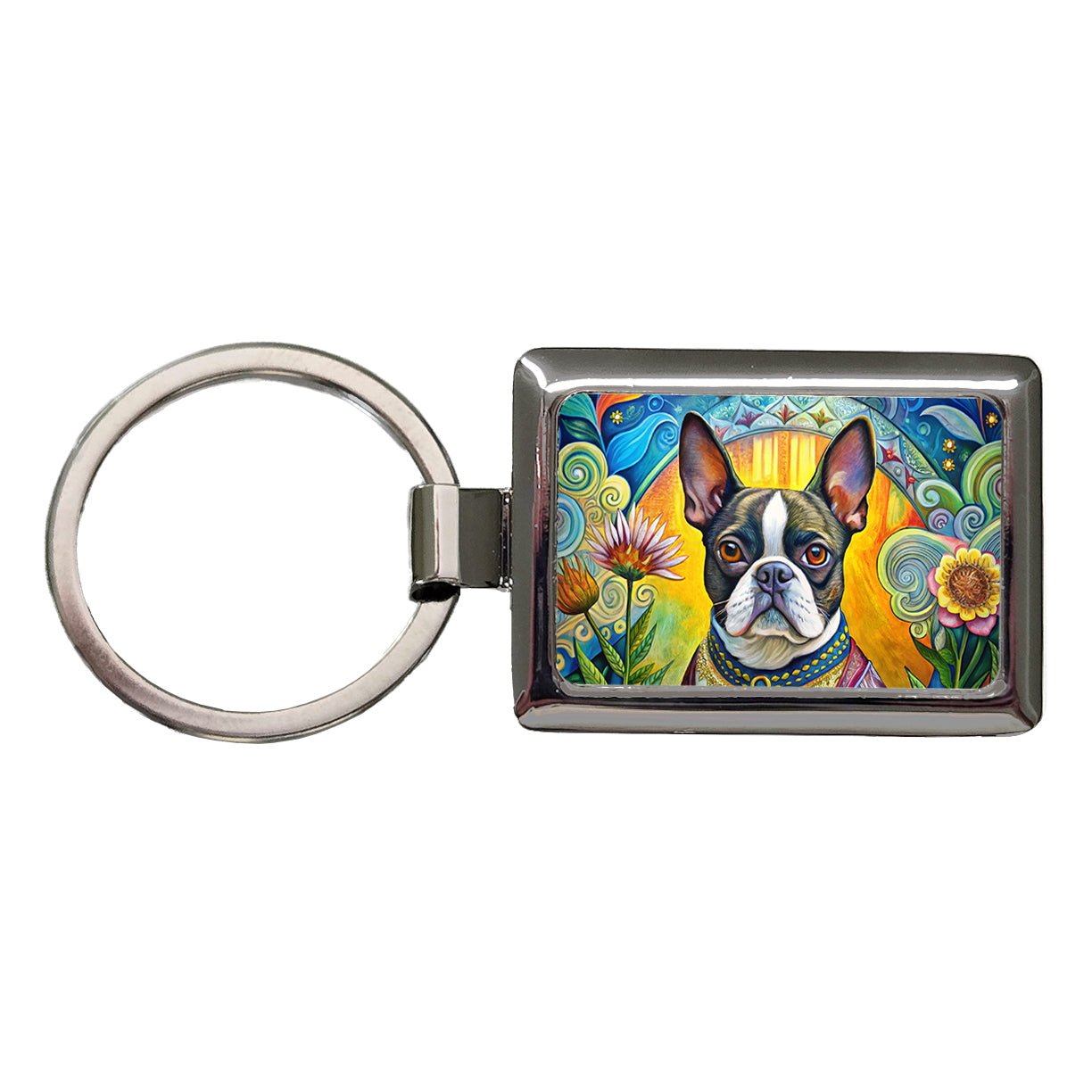 Boston Terrier Dog French Bohemian Art Rectangle Metal Keychain