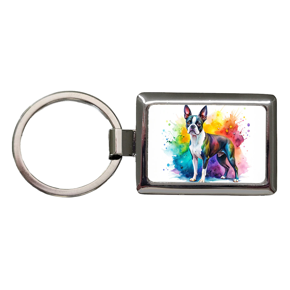 Boston Terrier Dog Watercolor Style Rectangle Metal Keychain