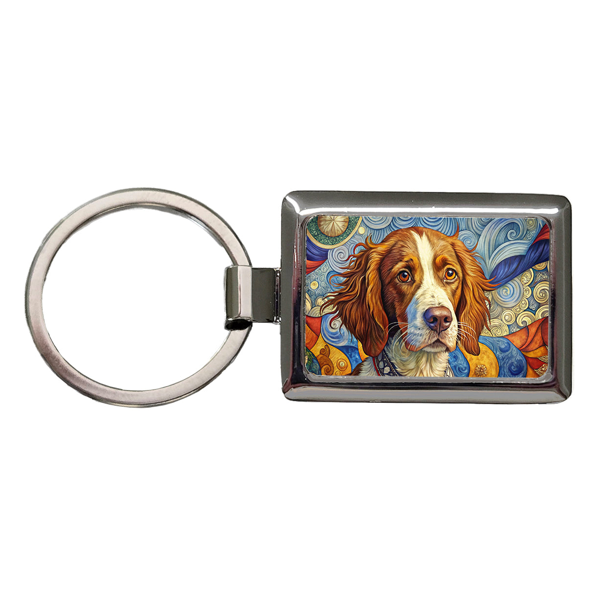 Brittany Spaniel Dog French Bohemian Art Rectangle Metal Keychain
