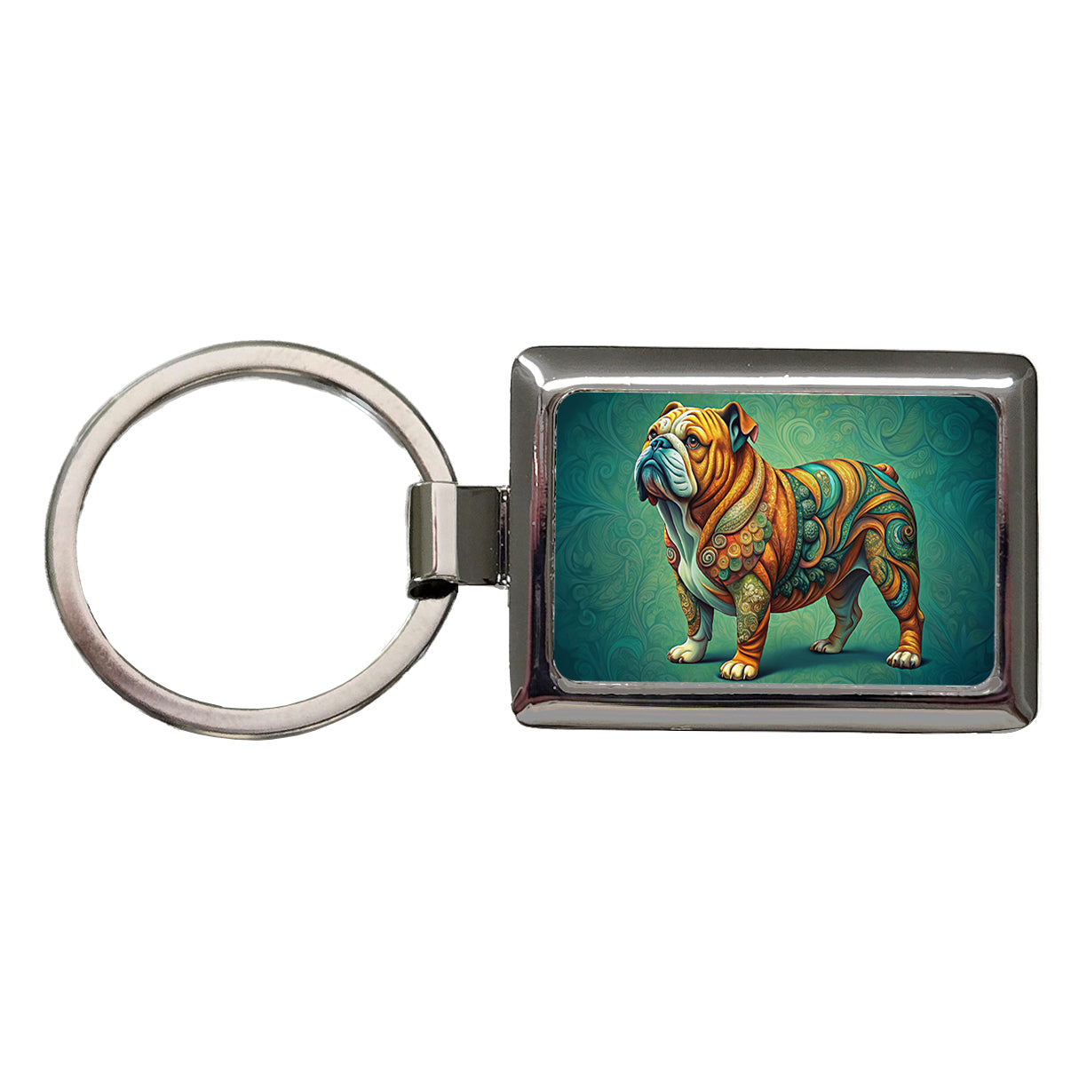 Bulldog Dog Art Nouveau Rectangle Metal Keychain