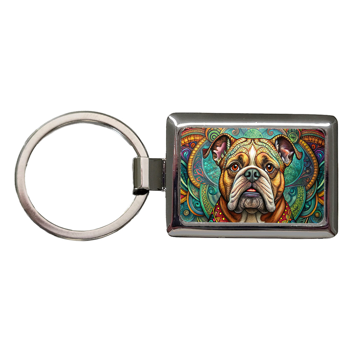 Bulldog Dog Bohemian Art Rectangle Metal Keychain