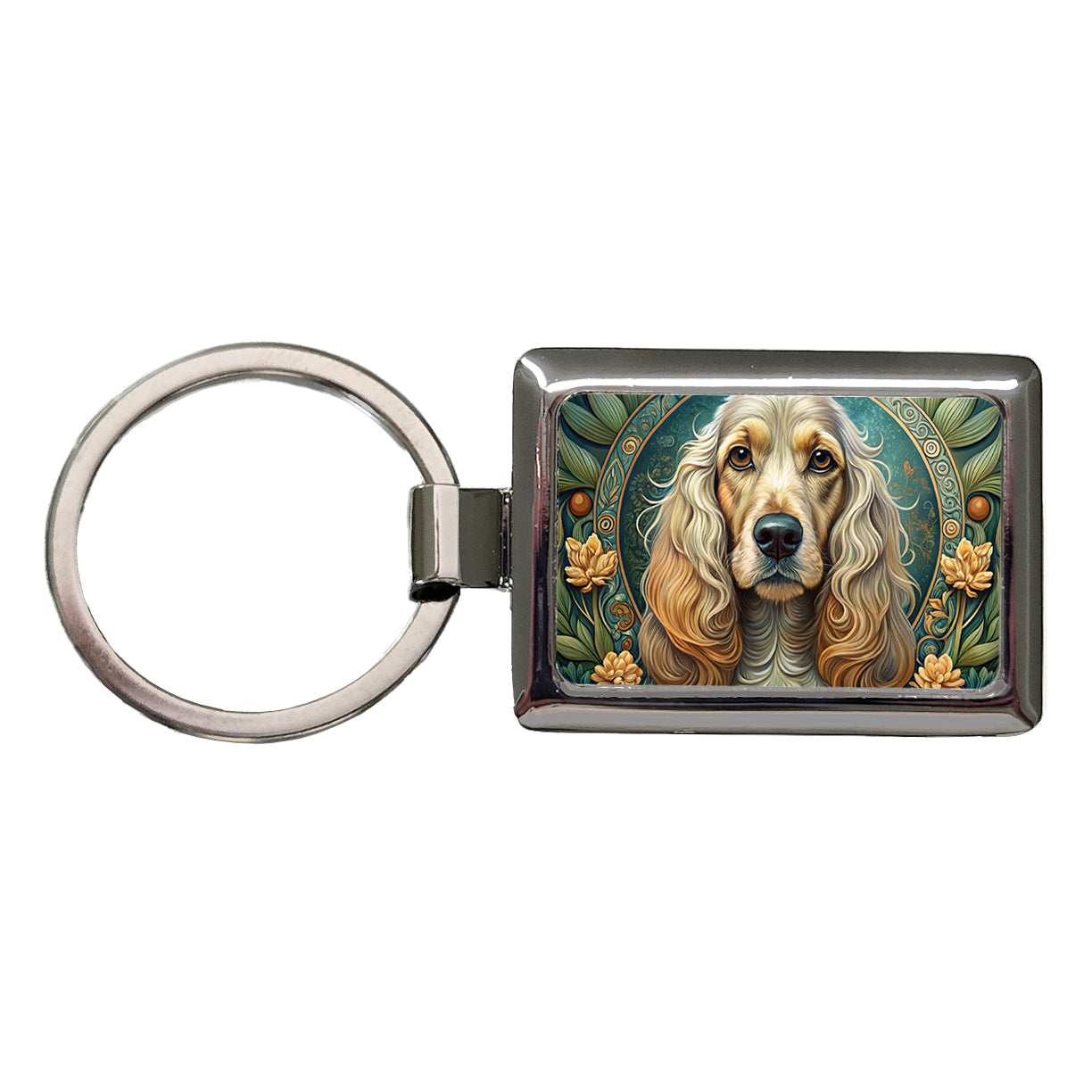 Cocker Spaniel Dog Art Nouveau Rectangle Metal Keychain