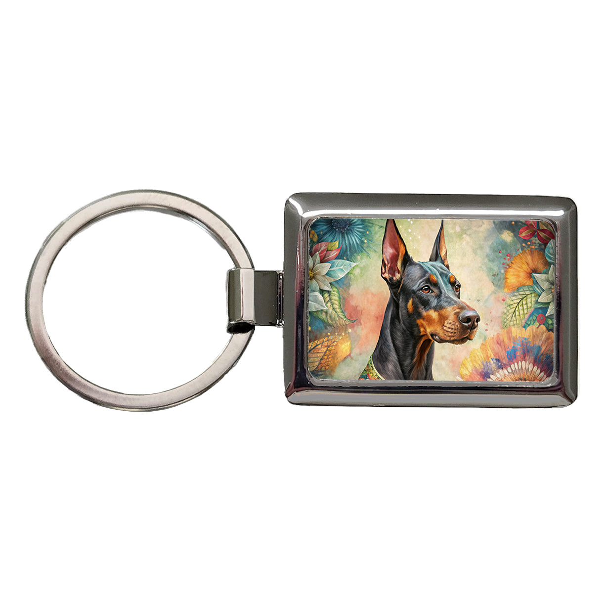 Doberman Pinscher Dog Bohemian Art Rectangle Metal Keychain