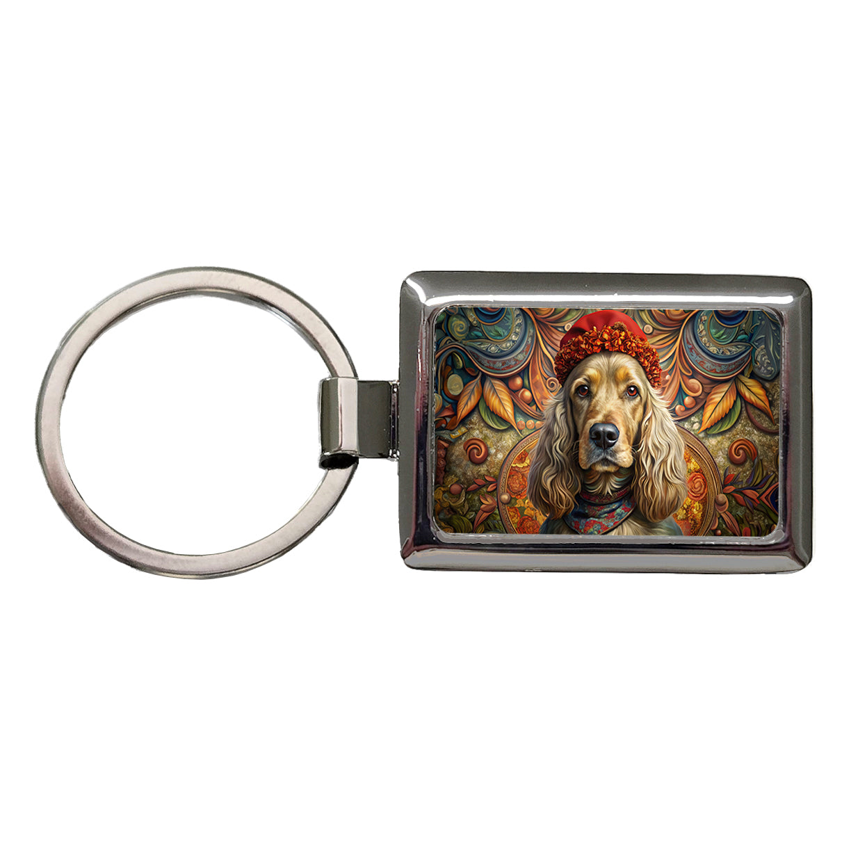 English Cocker Spaniel Dog French Bohemian Art Rectangle Metal Keychain