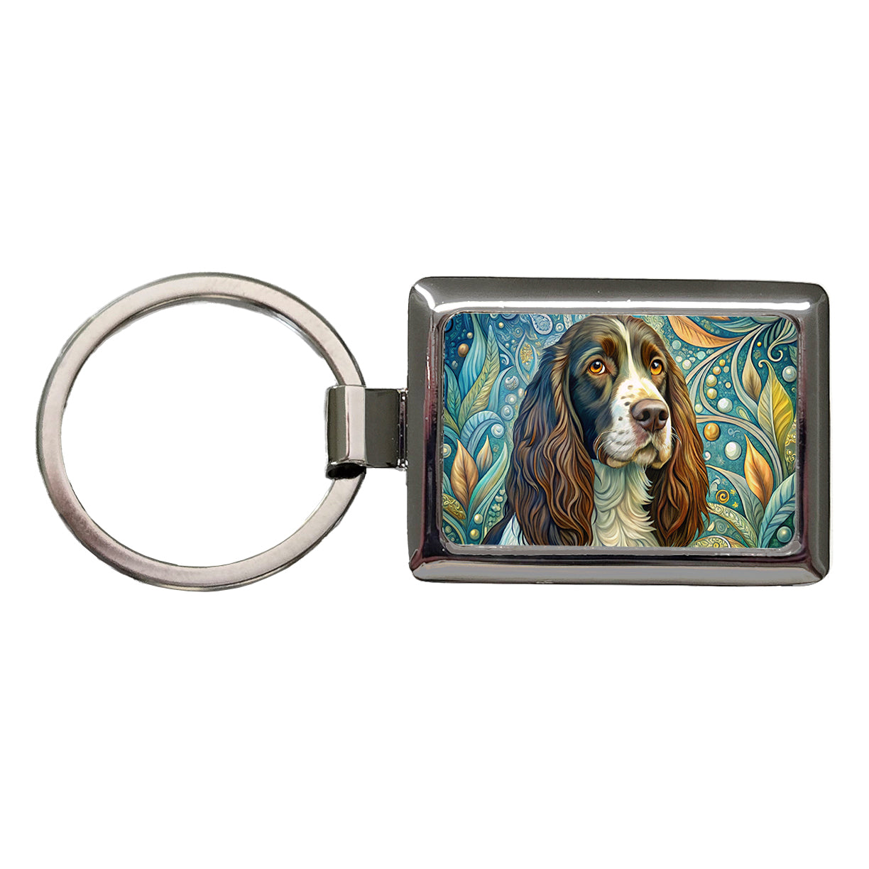 English Springer Spaniel Dog Art Nouveau Rectangle Metal Keychain