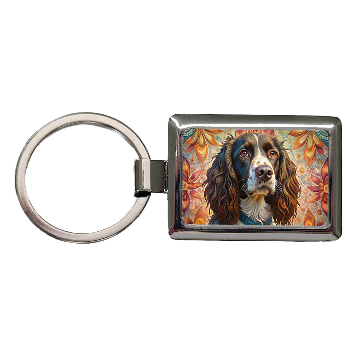 English Springer Spaniel Dog French Bohemian Art Rectangle Metal Keychain