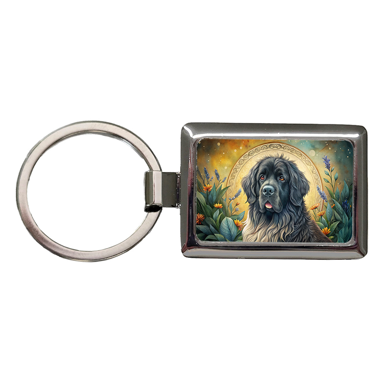 Newfoundland Dog Art Nouveau Rectangle Metal Keychain