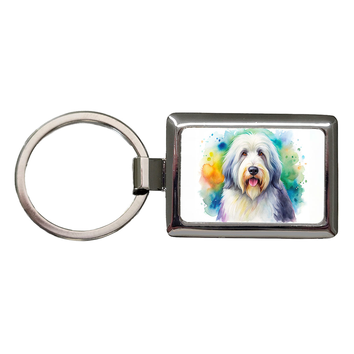 Old English Sheepdog Dog Watercolor Style Rectangle Metal Keychain